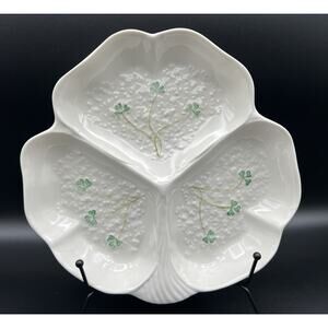 Belleek Ivory Porcelain Green Shamrock Divided Fortunes Party Dish 9.5” Ireland